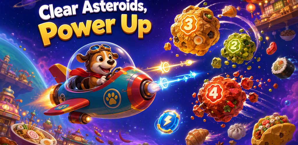 Noodle Dog: Meteor Clear key art showing the rocket dog ship flying through a field of numbered asteroids